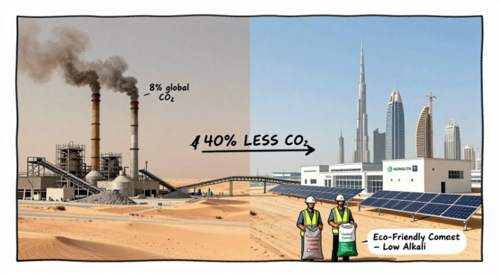 Split image contrasting traditional and eco-friendly cement production in the Middle East