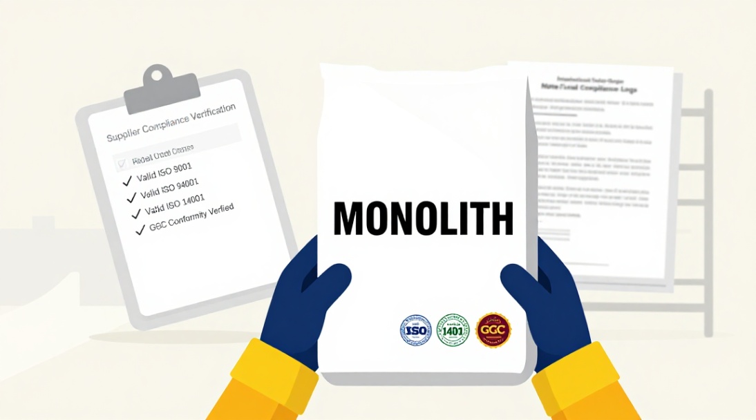 Builder inspecting certified MONOLITH cement bag with compliance badges