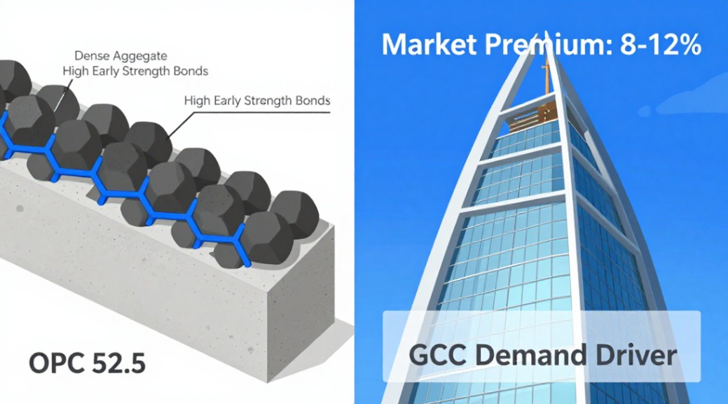 Comparative view of OPC 52.5 cement molecular diagram and a Gulf skyscraper under construction.
