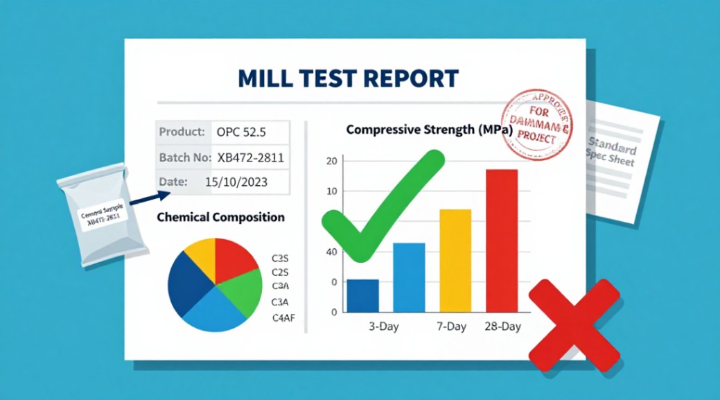 Close-up of a detailed Mill Test Report for cement next to a sample and measuring tools.