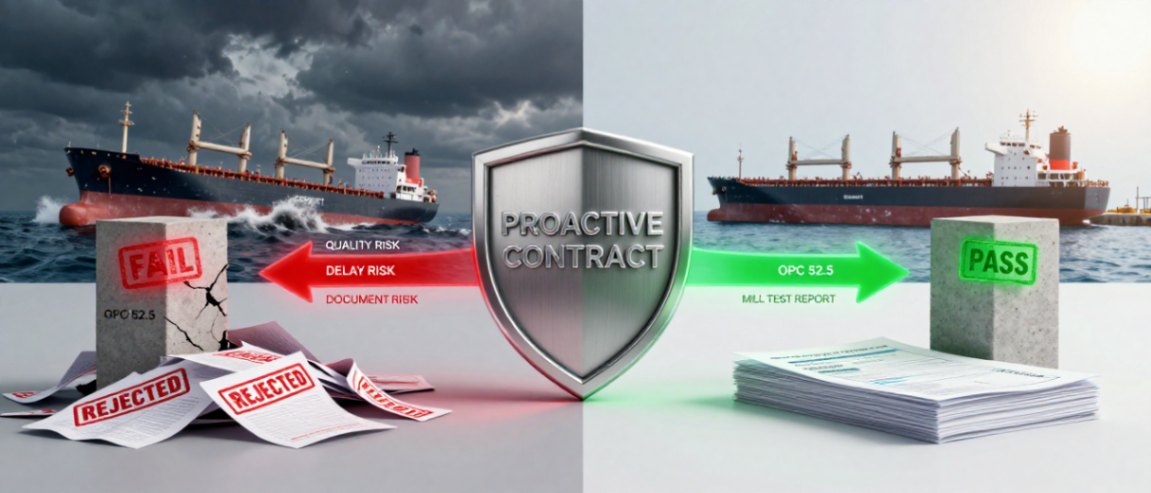 Split diagram contrasting cement import risks versus contract-based solutions at Dammam port