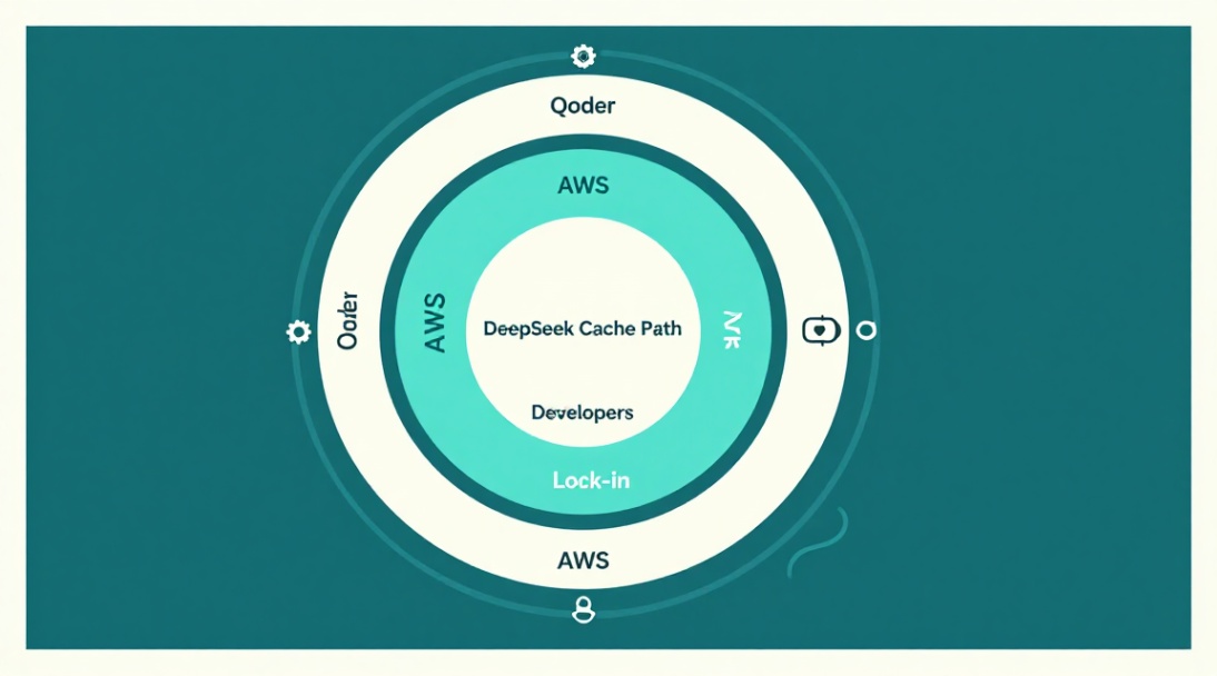 Flat illustration of competitive ripple effect in AI ecosystem with DeepSeek's cache advantage