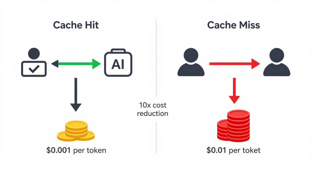 Infographic comparing cache hit vs cache miss token costs, showing 10x savings