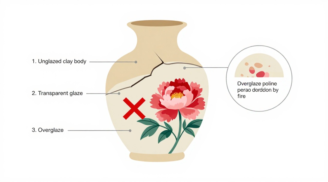 Figure 1: Technical cross-section illustrating glaze cracks and pigment degradation.