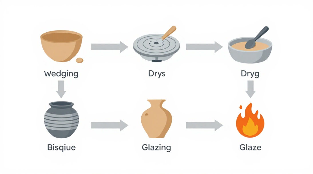 Technical diagram showing the ceramic workflow from clay preparation to final firing.