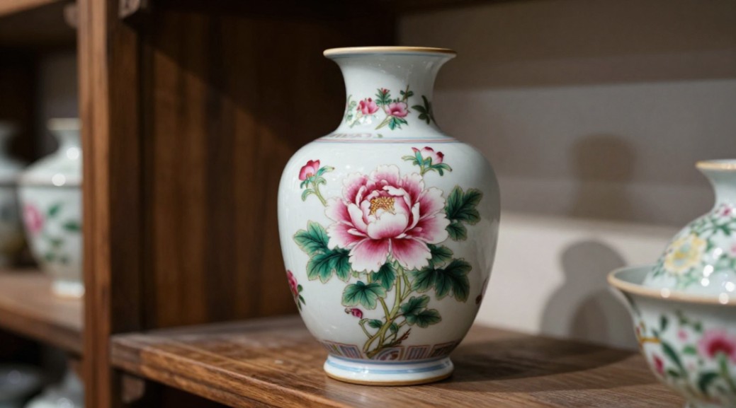 A delicate famille rose peony vase anchors a curated collection.