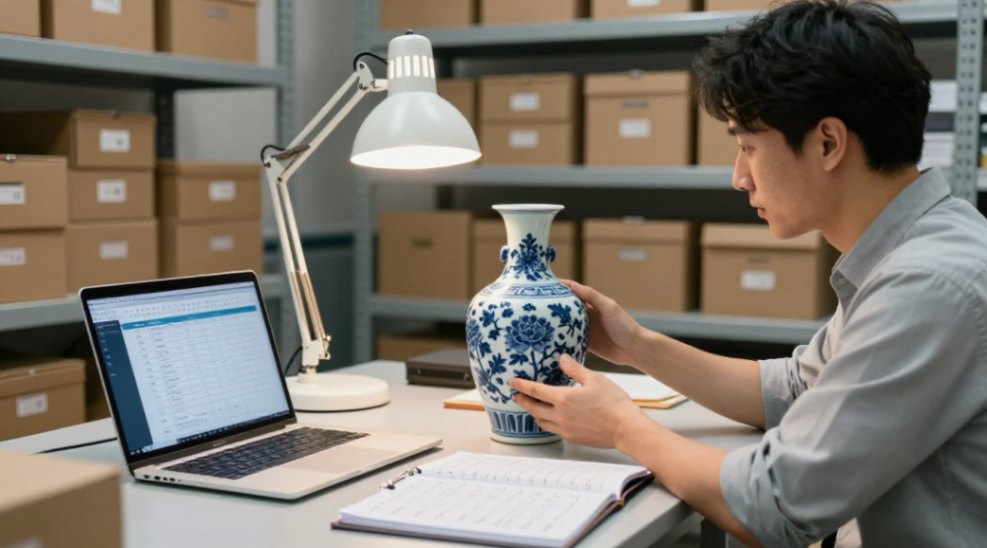 A curator executes a long-term acquisition plan, studying a peony ceramic amidst research tools.
