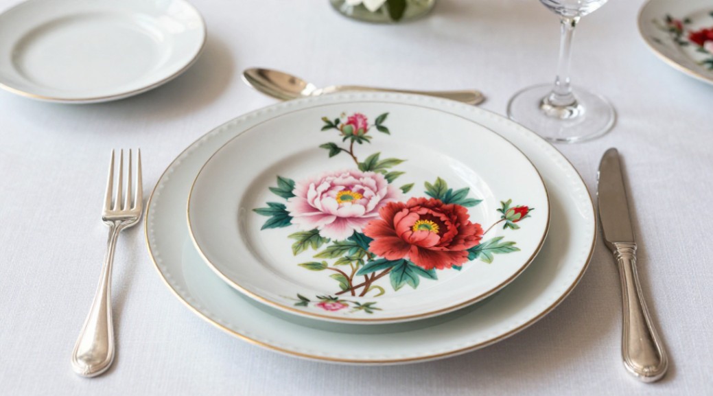 Timeless peony-painted ceramics elevate a table setting for a memorable dinner party.