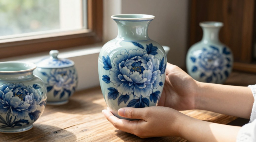 Close-up of hands holding a handmade ceramic vase painted with blue peonies.