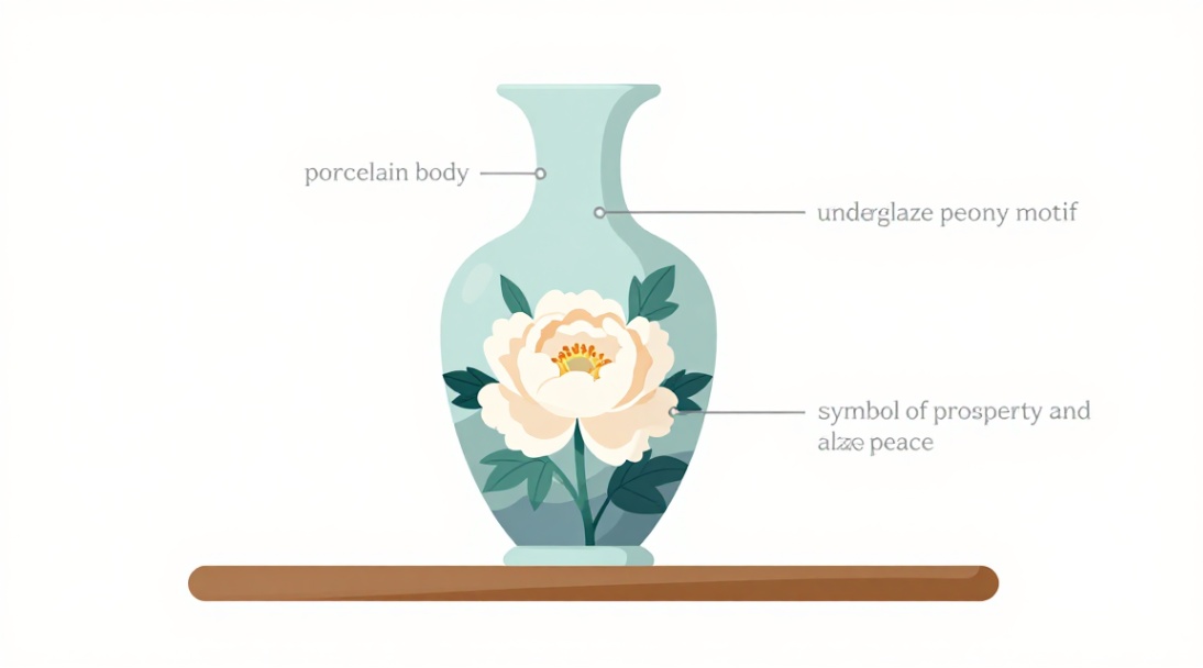 A white porcelain vase with a painted pink peony rests on a sunlit wooden shelf.