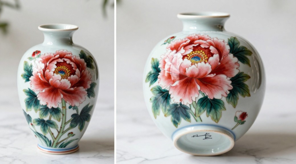 A detailed photo of a hand-painted peony vase with a close-up of its signed base.