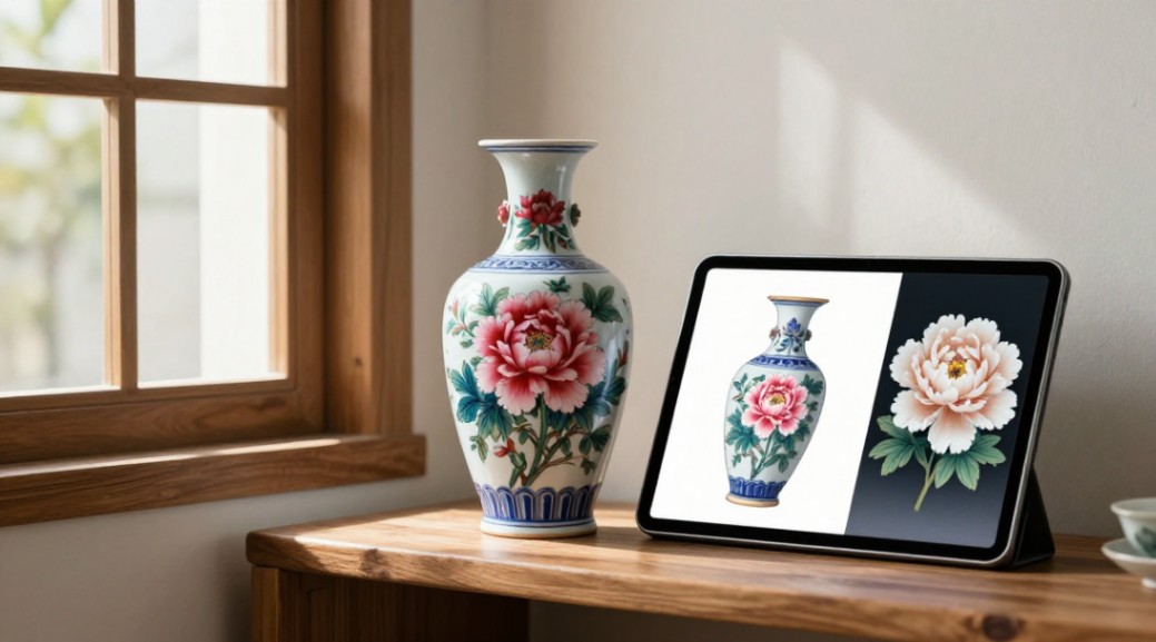 A digitally rendered peony design on a tablet next to a finished ceramic vase in a sunny home.