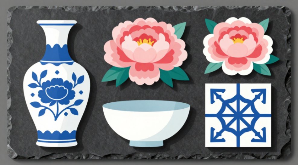 A range of ceramic pieces showcasing the evolution of the peony motif from traditional to contemporary styles.