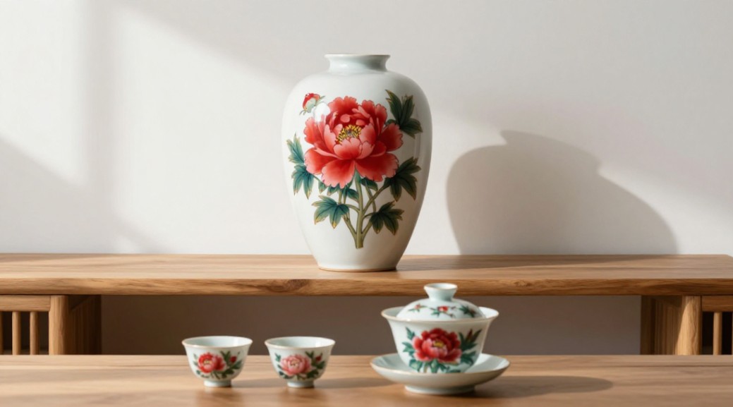 A modern application of peony ceramics as an accent vase and functional tea ware.