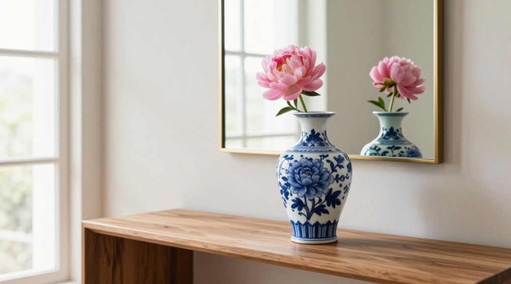 A blue and white porcelain vase with peony motifs sits on a wooden table.