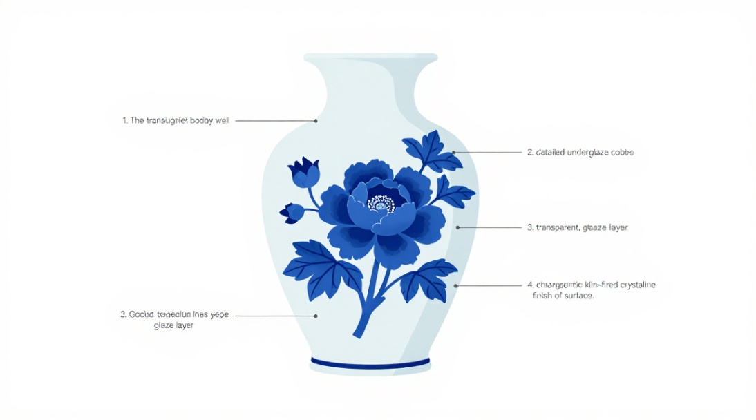 Fig. 1: Technical deconstruction of peony ceramic artistry, showing body, pigment, glaze, and finish.