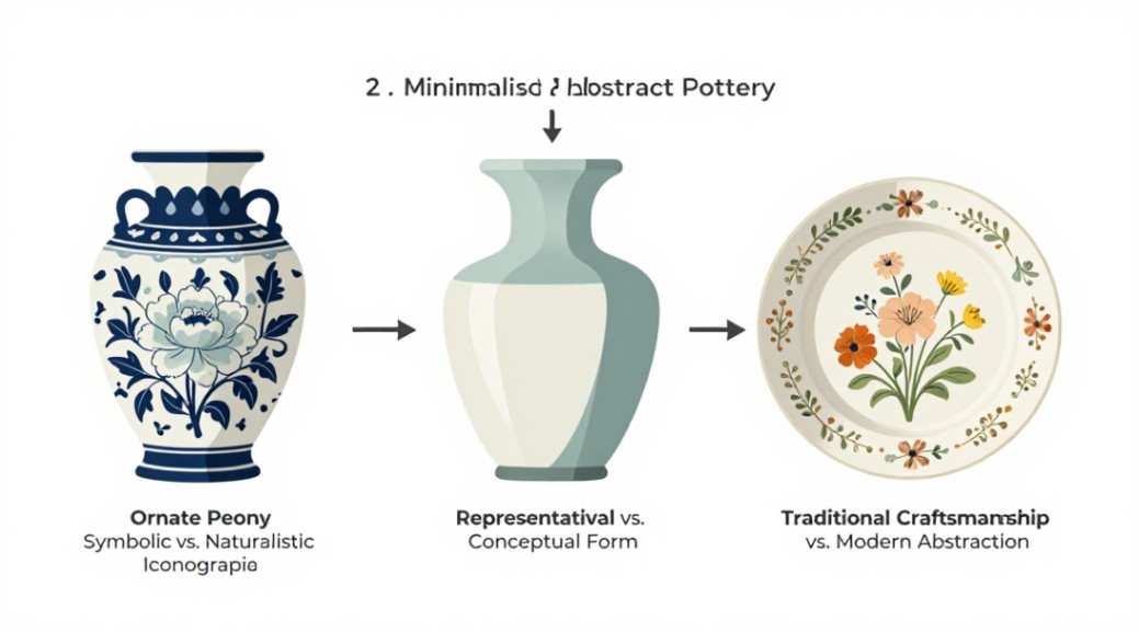 A comparative vector diagram of three distinct ceramic styles on a white background.